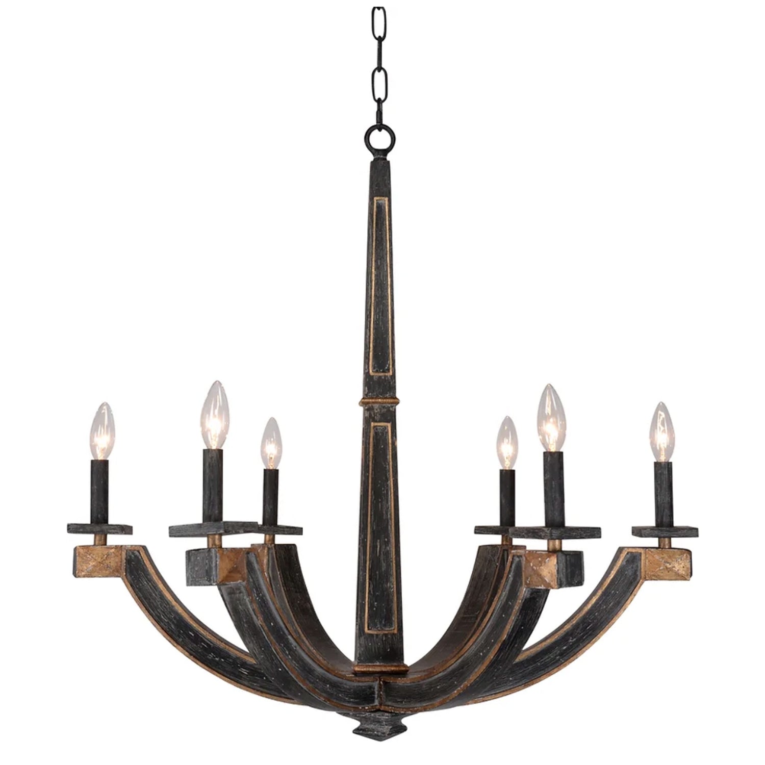 Black Finished Wood 6-Candle Chandelier with Gold Detail