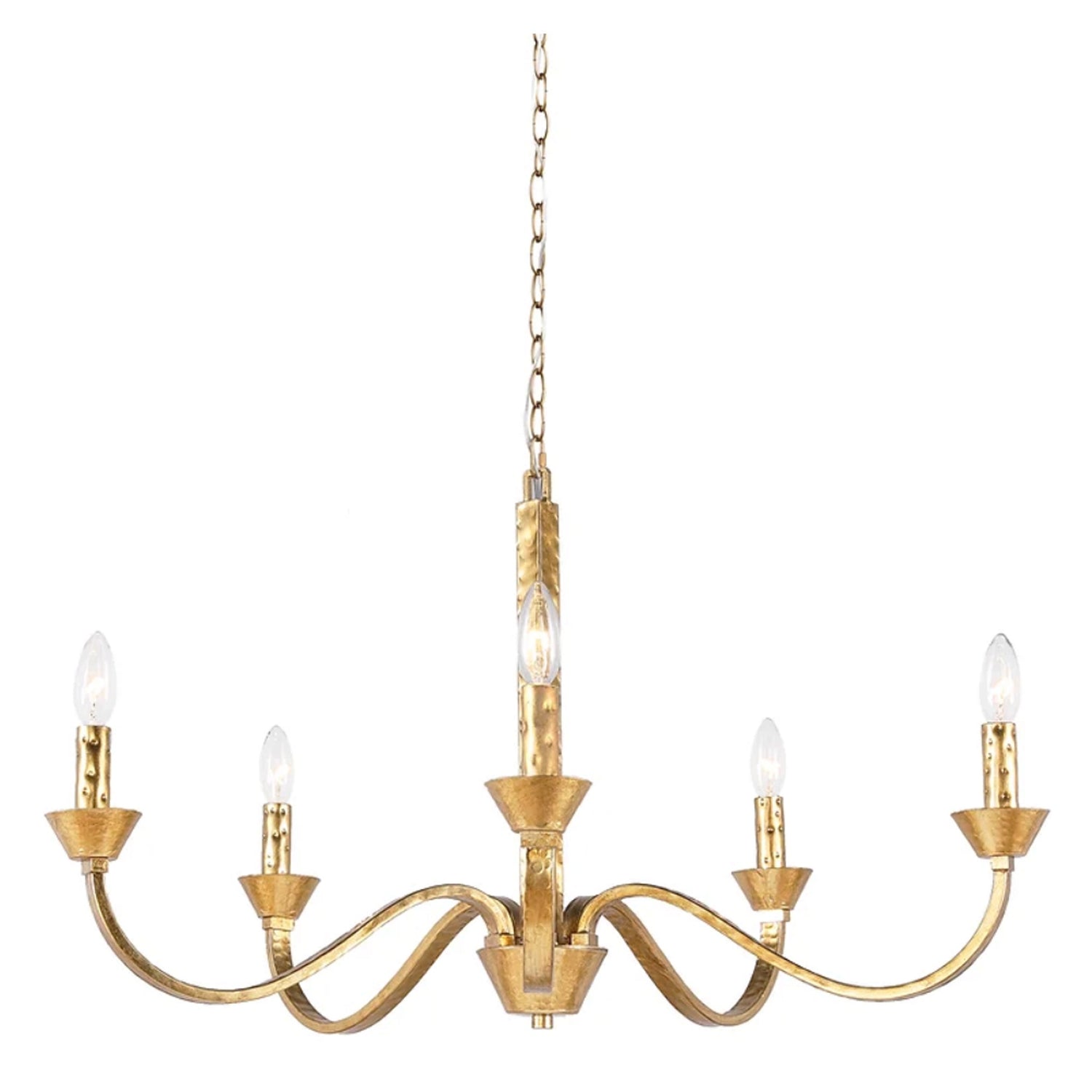 Gold-Finished Hammered Iron 5-Candle Chandelier, 60W candelabra