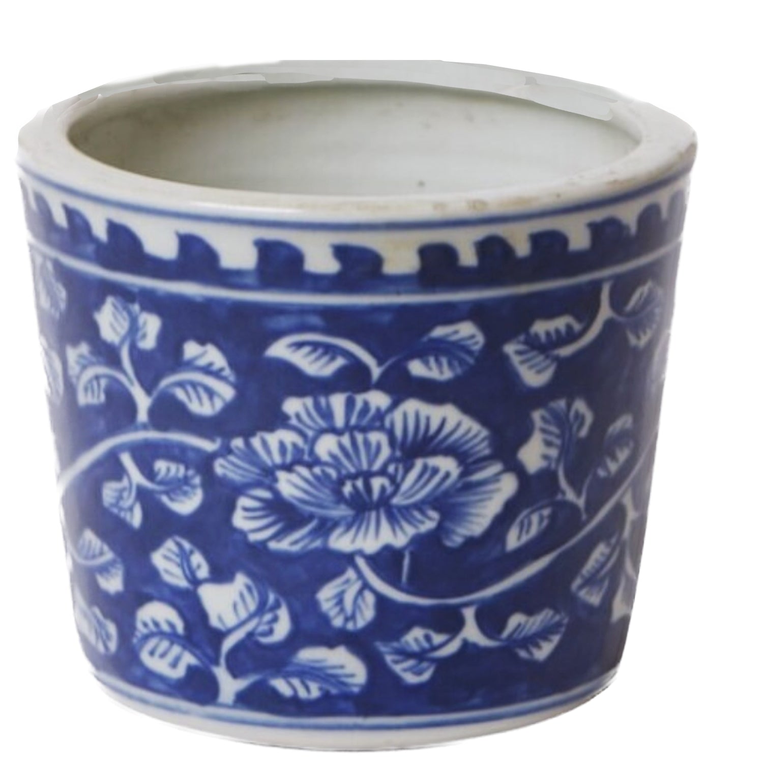 Blue + White Peony Cachepot, Dark