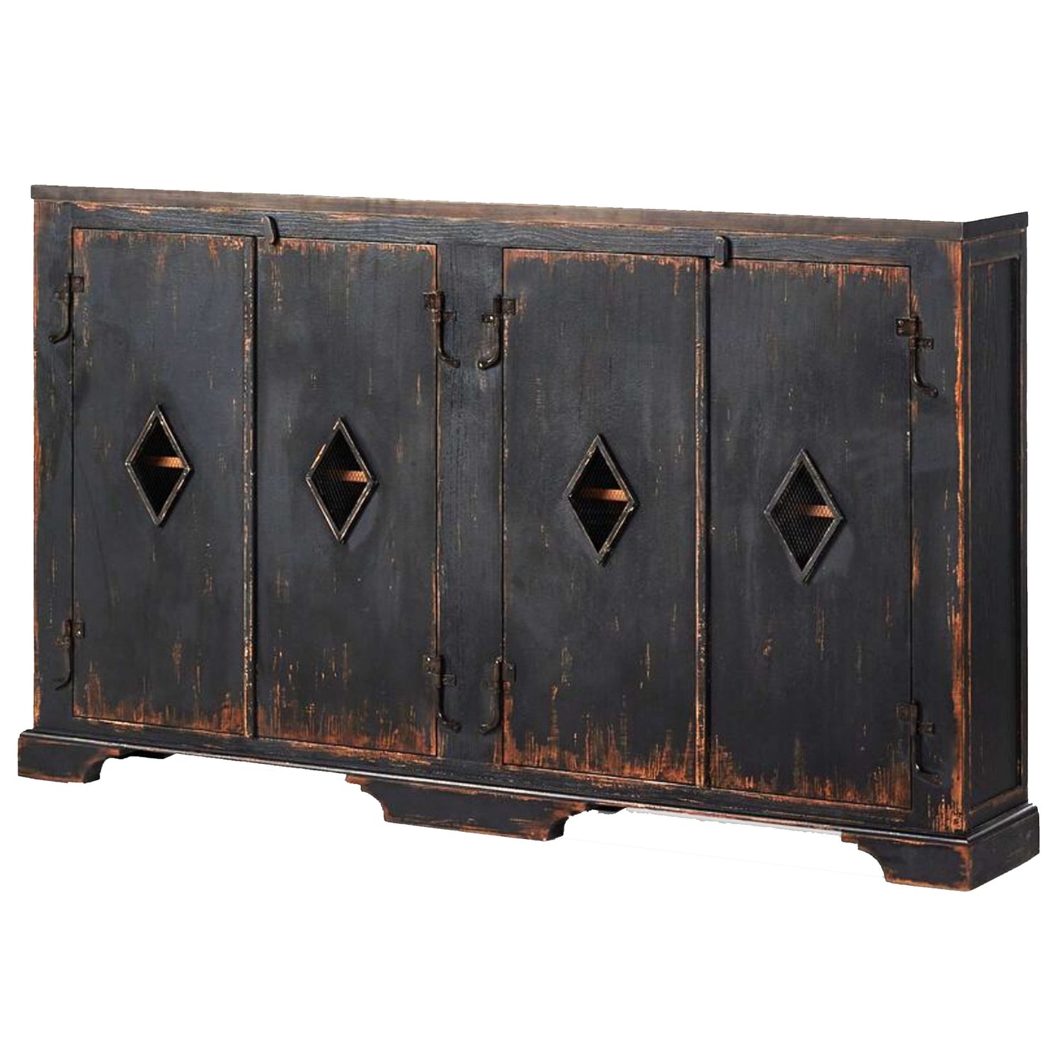 Antique-Inspired Narrow Pine 4-Door Cabinet