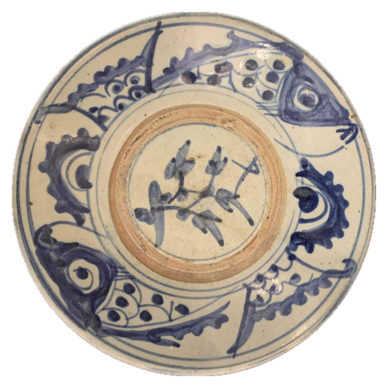 Antique Blue + White Plate with Fish Motif, 6" dia.