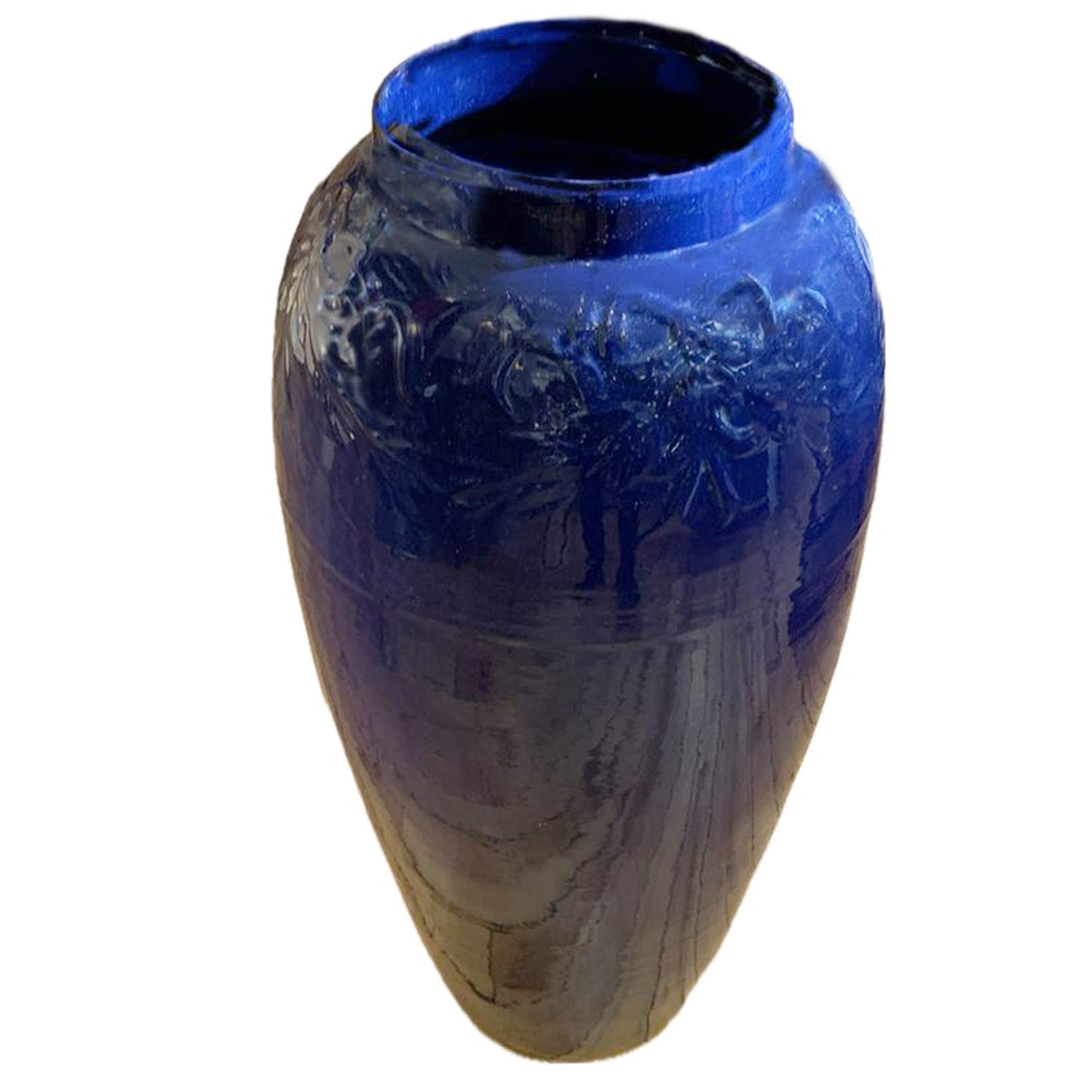 Vintage Pottery Floor Vase, Blue Glaze, 28.5"h