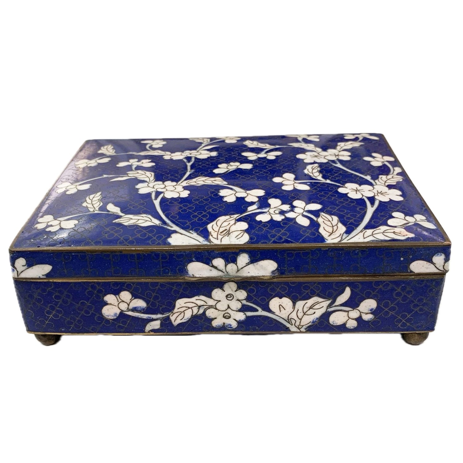 Antique Cloisonne Hinged Cover Box, Blue with Floral Motif