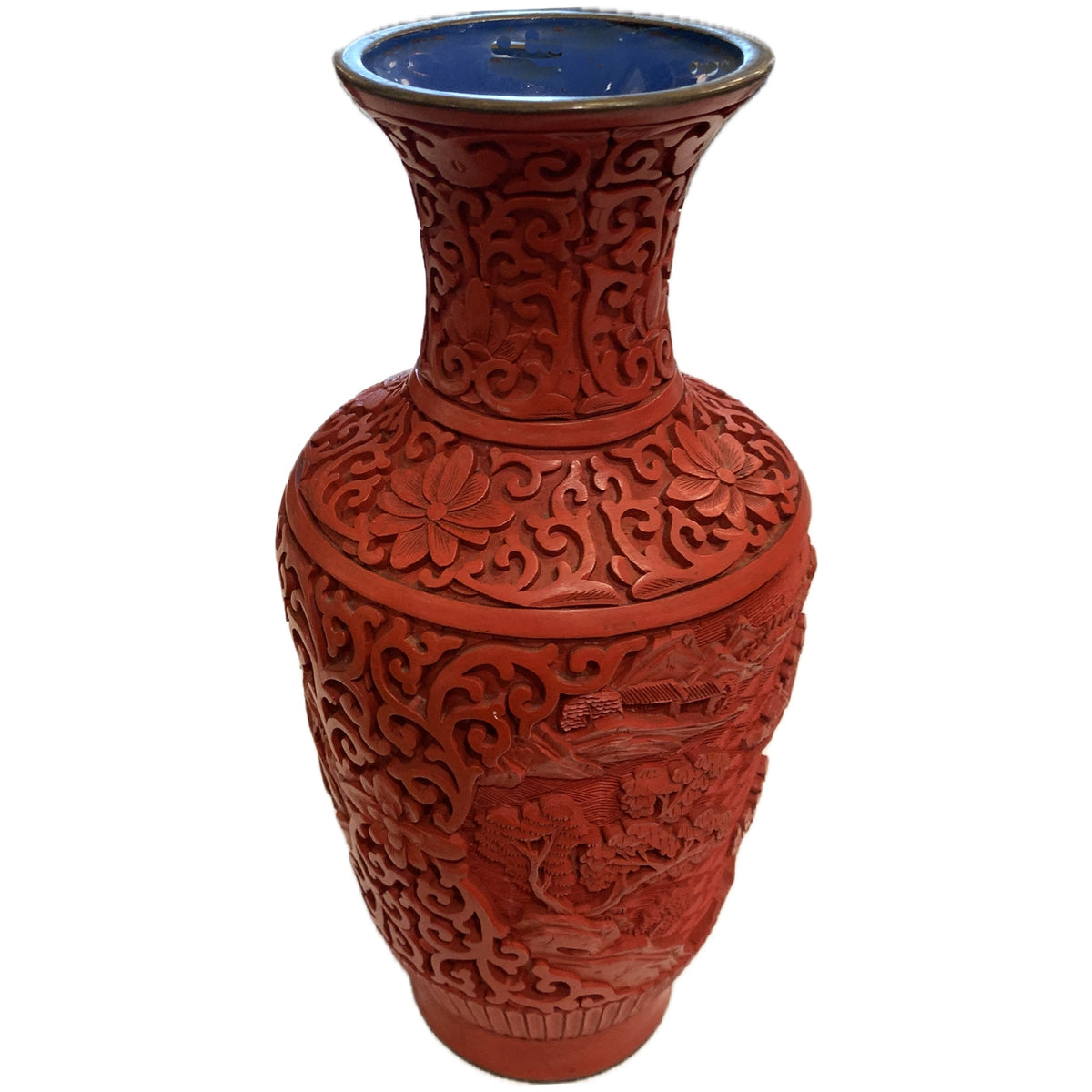 Cinnabar Vase with Blue Enamel Interior & Base, 9"h, ca. 1920-30