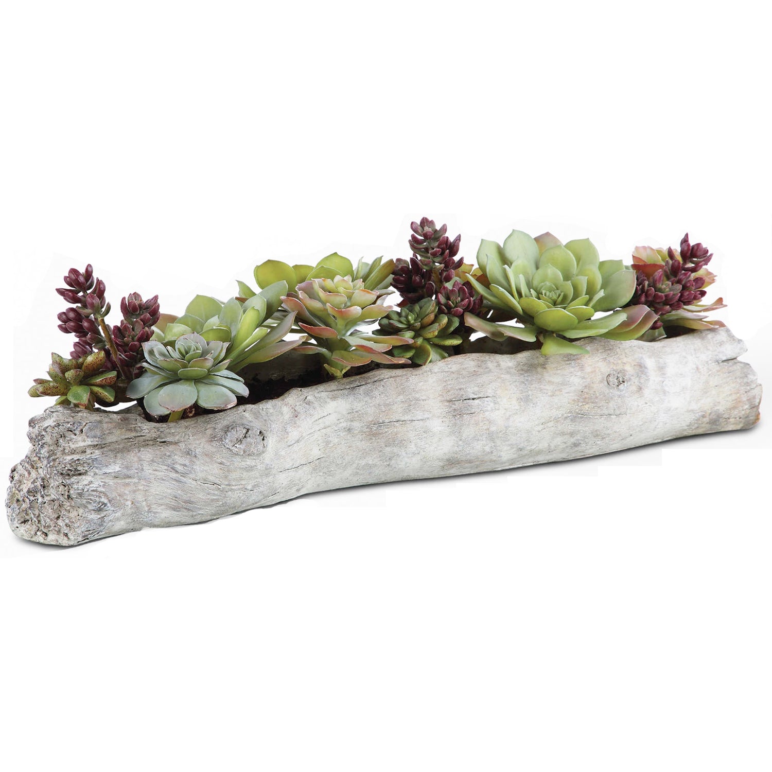 Faux Driftwood Concrete Log with Succulents, 30"w