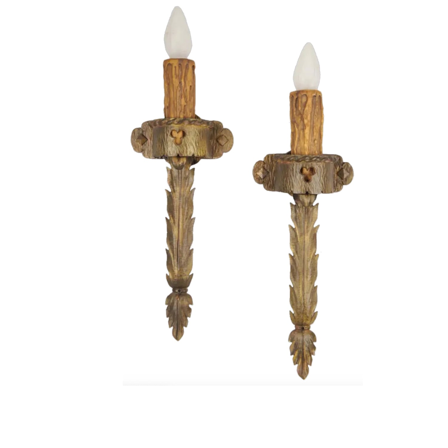 Cast Brass Single Candle Acanthus Leaf Sconces, pair, ca. 1910