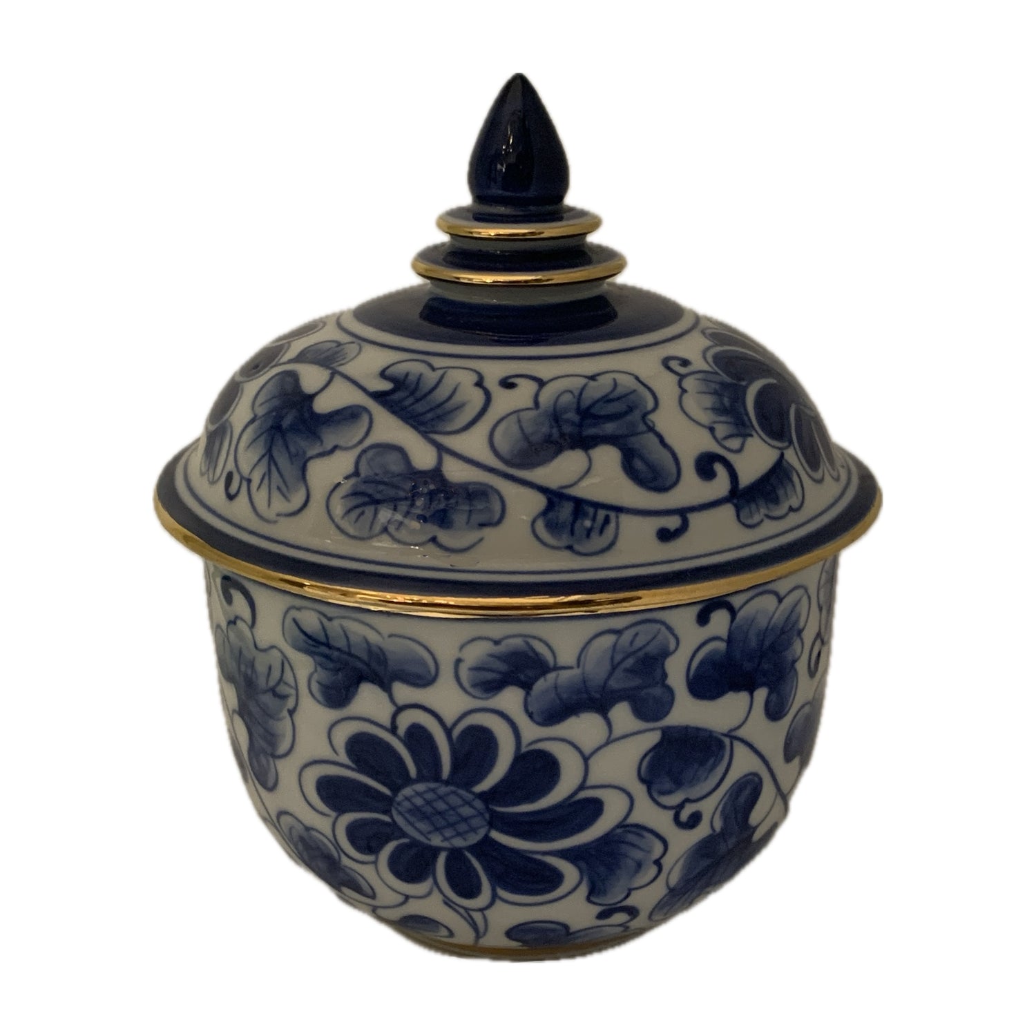 Blue & White Covered Jar w Gold Accents, Thailand