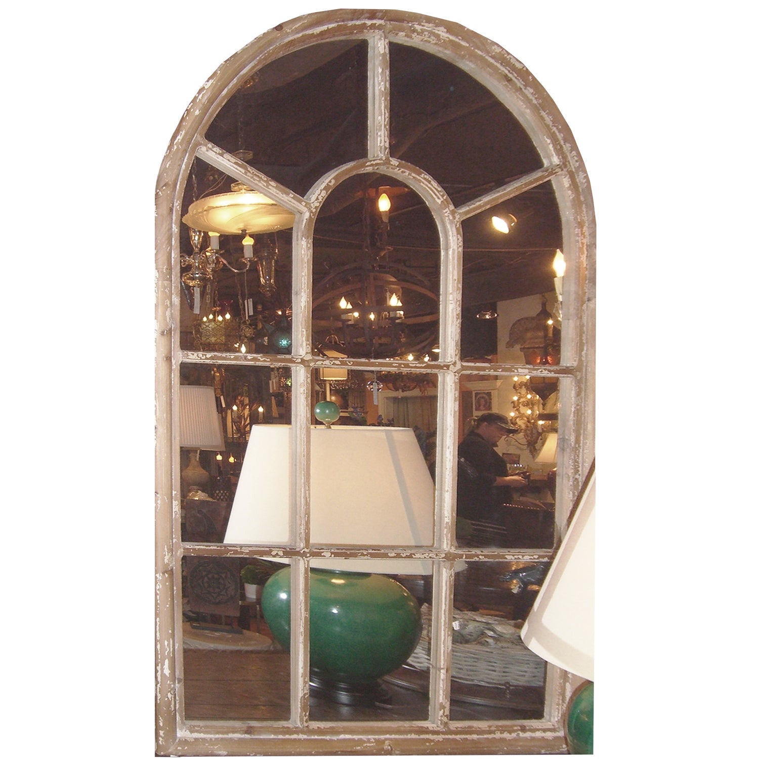 Whitewashed Arched Wood Framed 11-Paned Mirror, 34" x 54"h