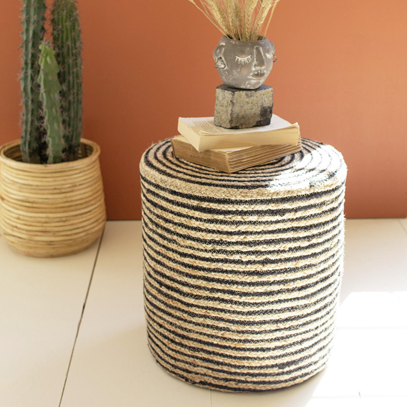 Black + Natural Round Jute Pouf