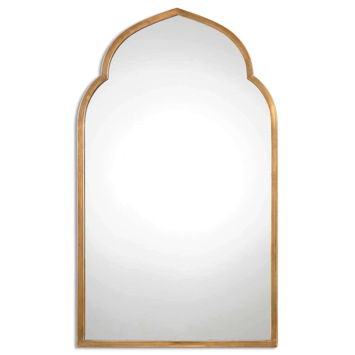 Hand Forged Metal Framed Arched Mirror in Plated, Antiqued Gold