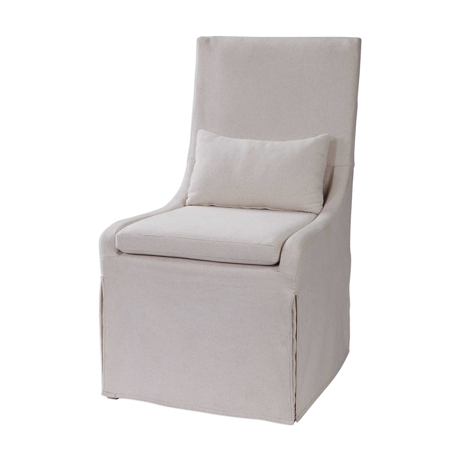 Armless Chair with Tailored Off-White Linen Blend Slipcover and Kidney Pillow