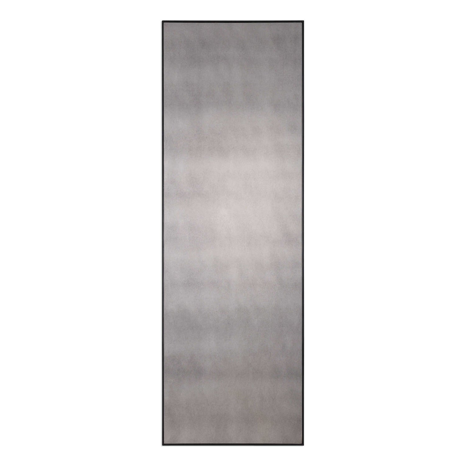 Antiqued Mirror in Narrow Aged Black Iron Frame, 24"x 2"d x 72"