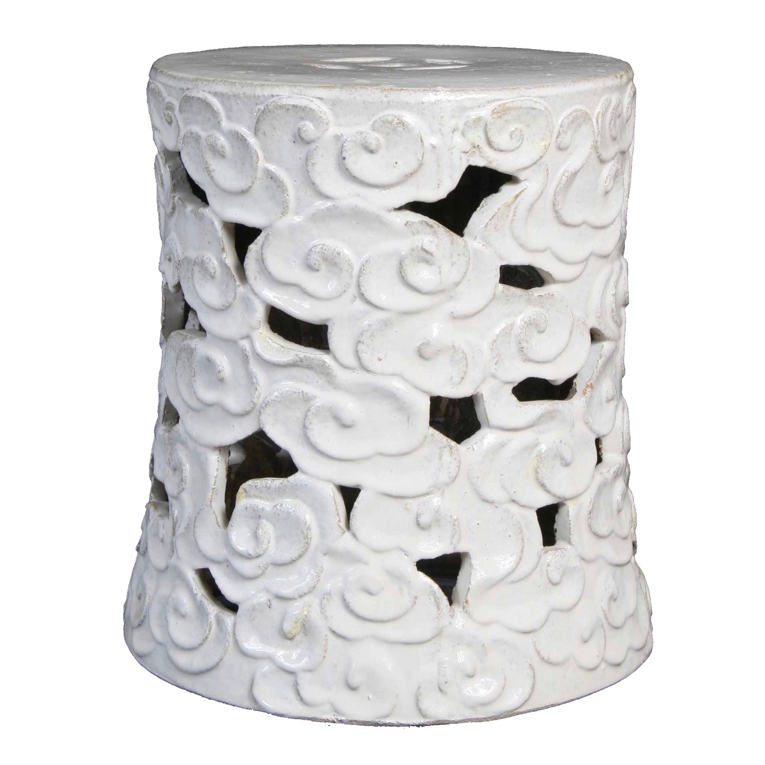 Fired Clay Celestial Cloud Garden Stool, Rustic White, Hourglass Shape