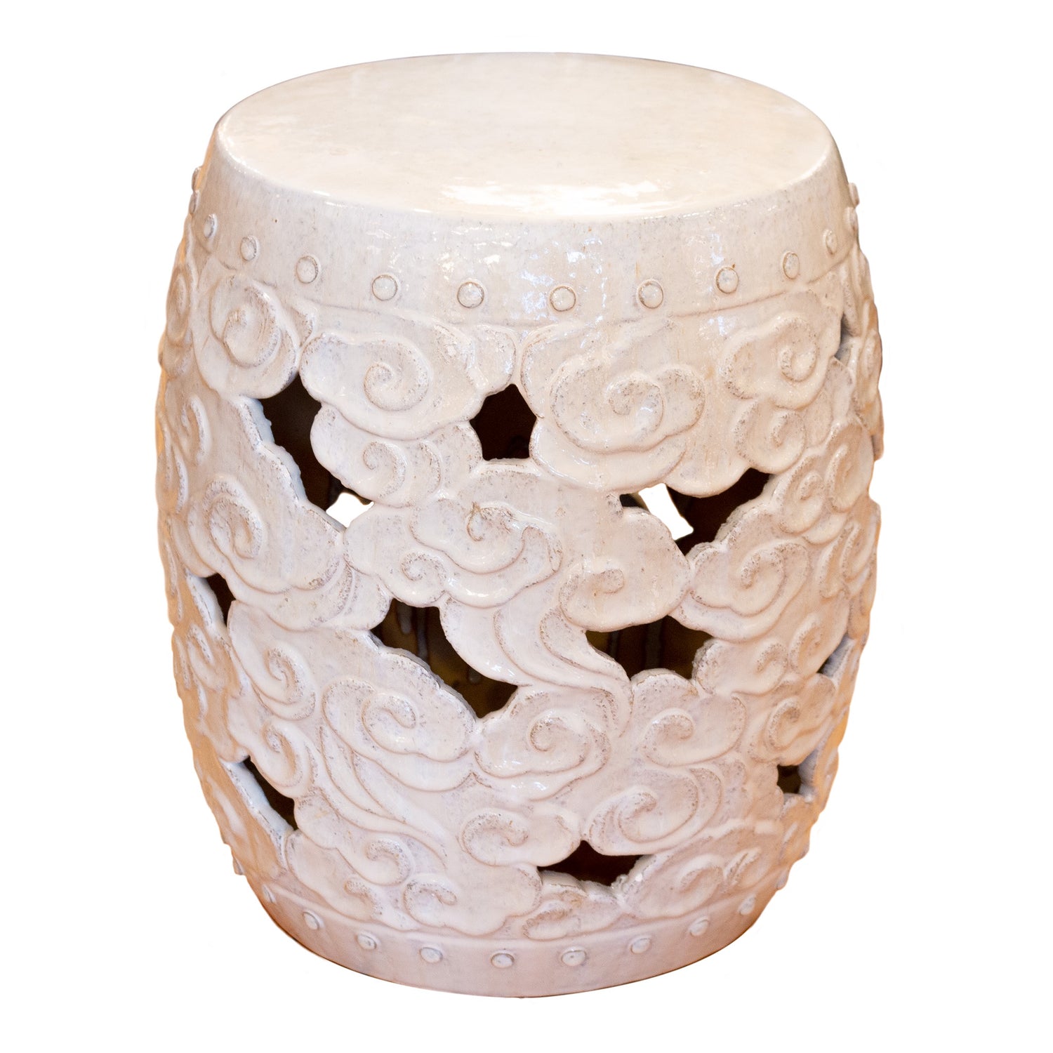 Fired Clay Celestial Cloud Garden Stool, Rustic White, Barrel Shape