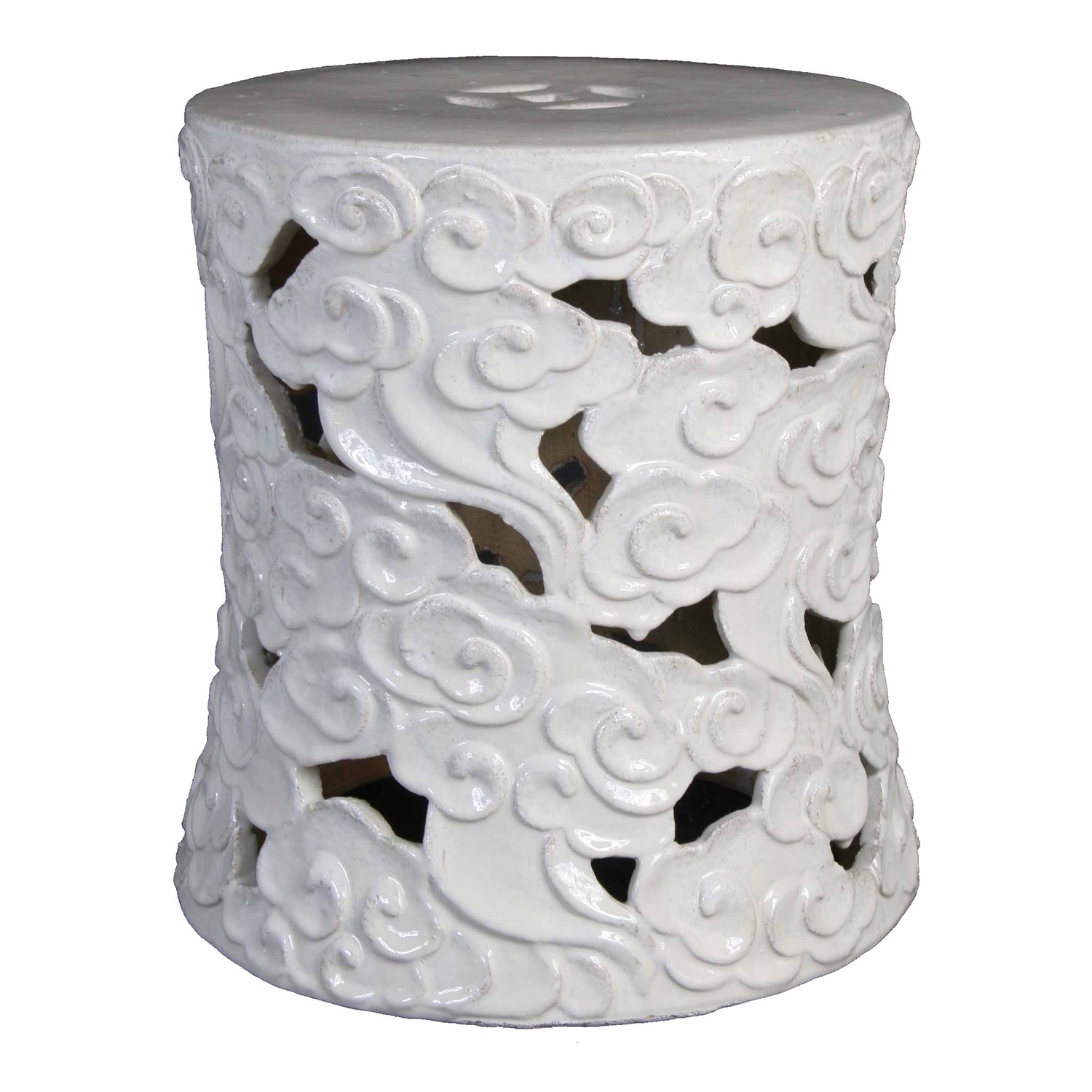 Fired Clay Celestial Cloud Garden Stool, Rustic White, Hourglass Shape, 18.5"h