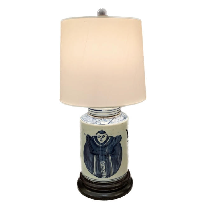Blue + White Lamp with Drum Shade