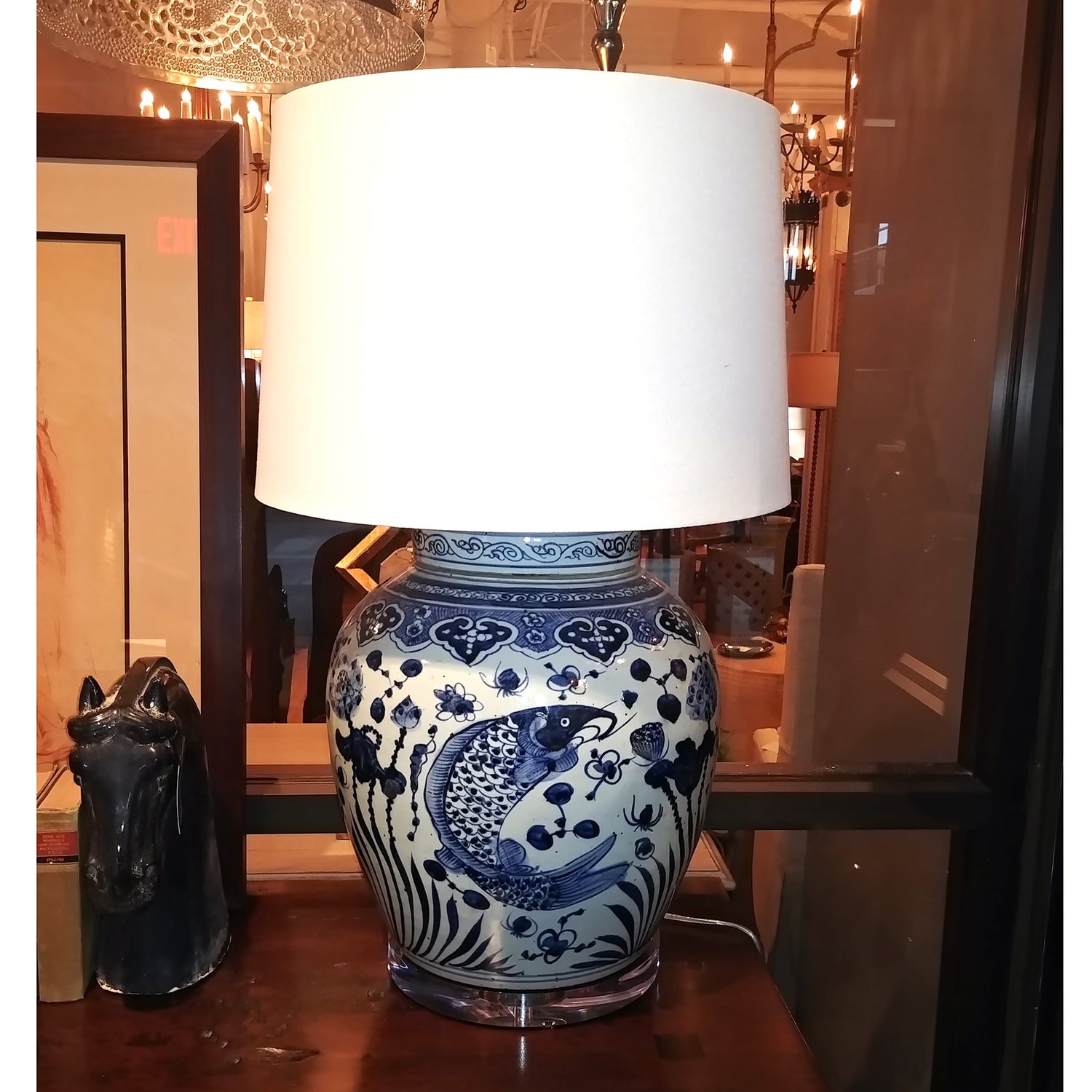 Blue + White Lamp with Koi