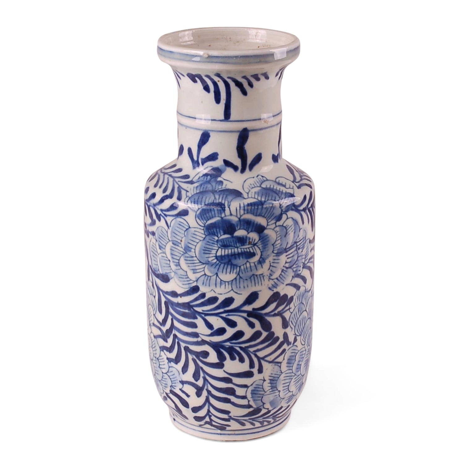 Blue + White Vase with Palm Leaf + Flora, 9"h