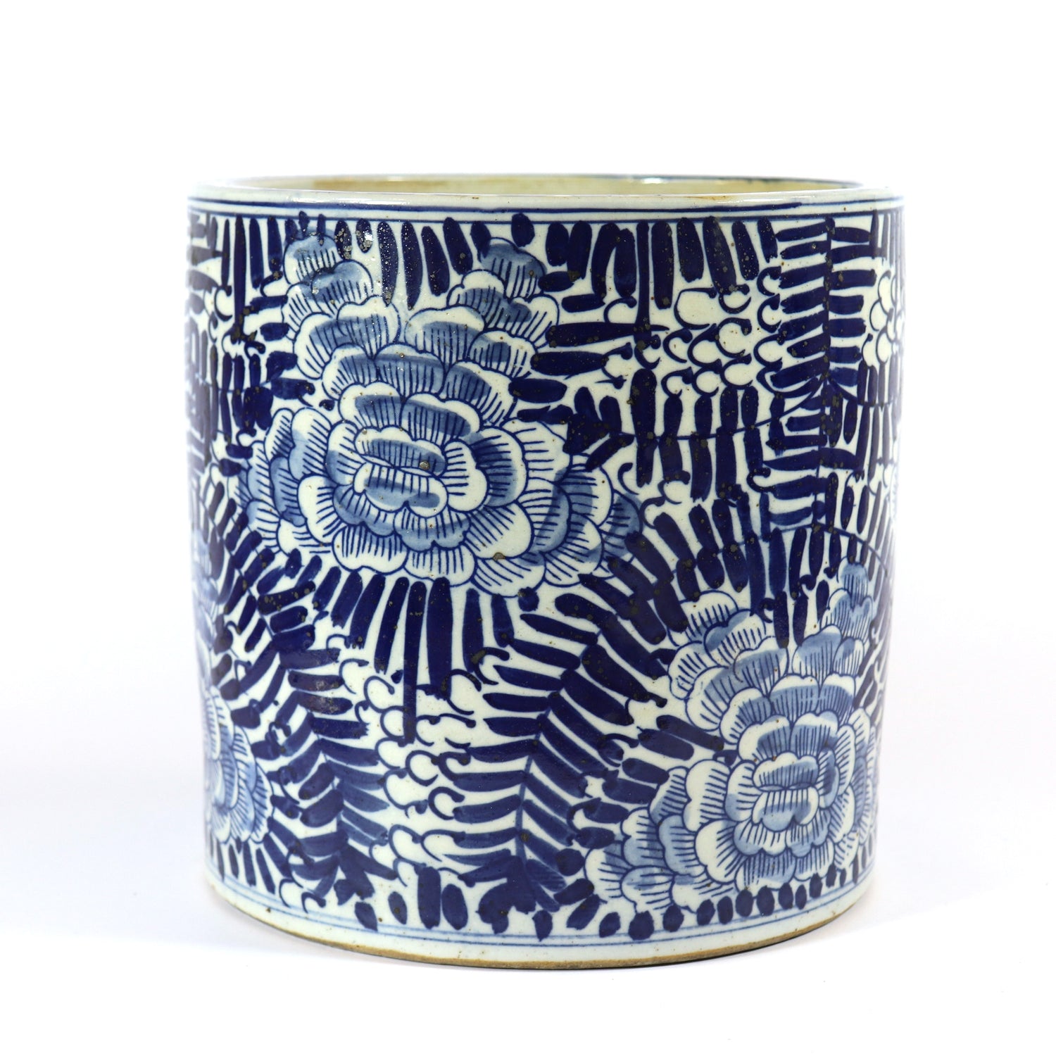 Blue & White Planter with Palm Leaf, 8"dia x 8.5"h