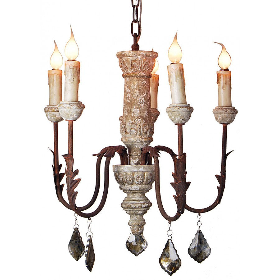 Carved Wood 5-Arm Chandelier with Mirrored Crystals, 40W