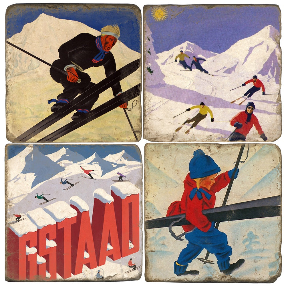 Stone Tile Coaster: Vintage Skiing