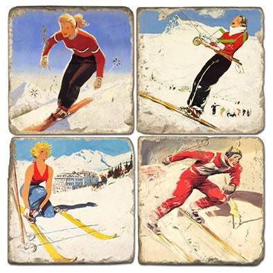 Stone Tile Coaster: Vintage Skiing 1