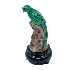 Antique Miniature Parrot on Wood Riser, China, 3.5"h