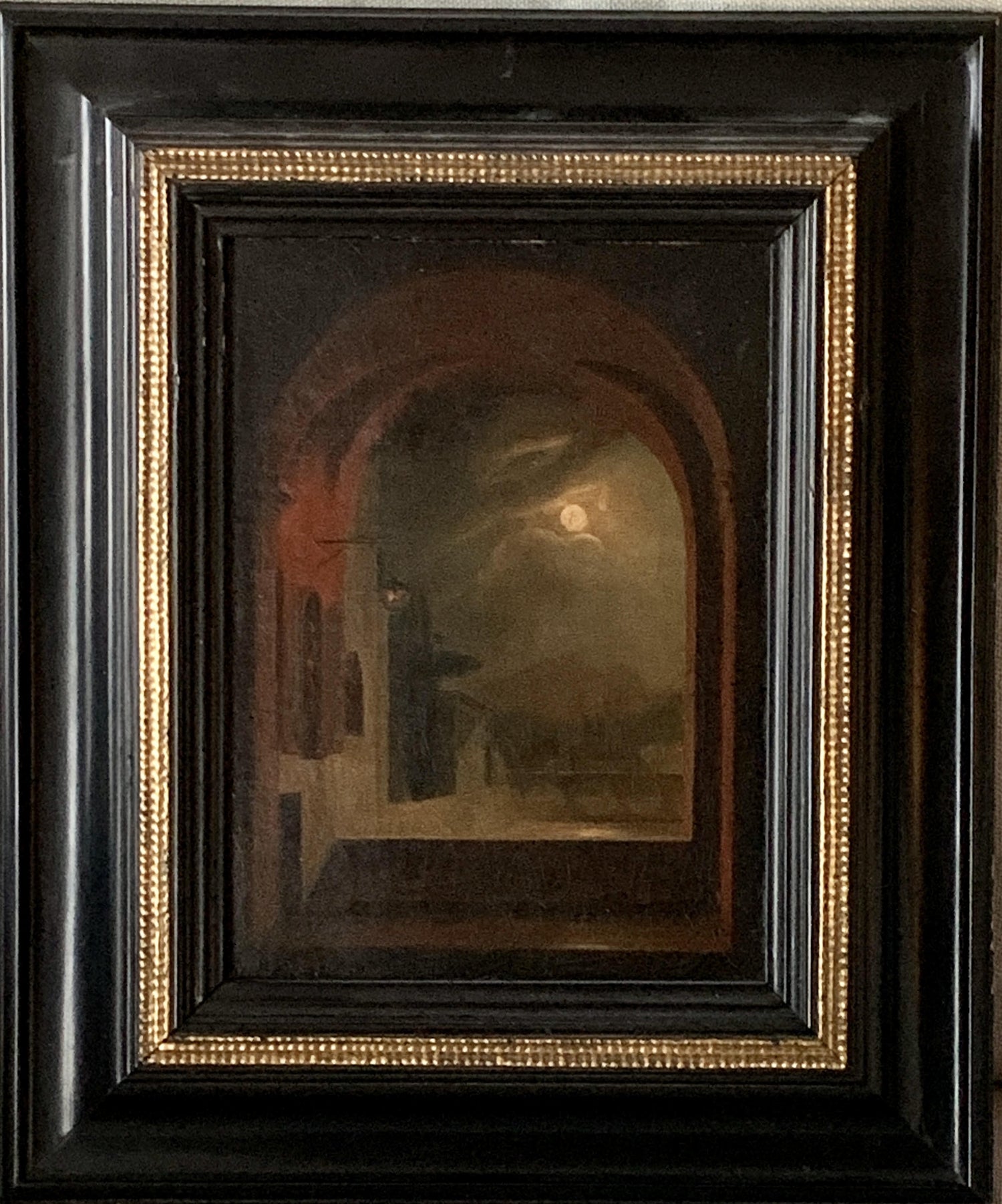 Antique Oil Painting, Moon through Open Arched Window in Black Wood Frame