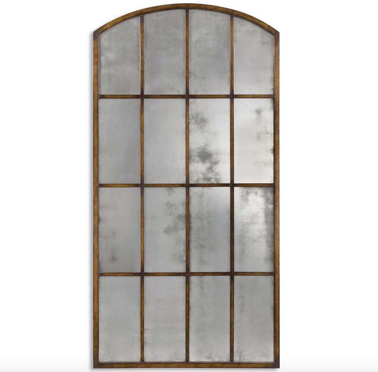 Antiqued Arched Mirror with Hand Forged Metal Frame