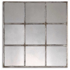 Burnished Silver Leaf Framed Antiqued 9-Pane Mirror