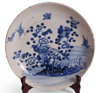 Blue & White Plate with Birds and Flowers