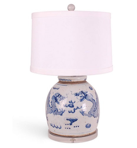 Blue + White Jar Lamp with Dragon Motif, 26"h