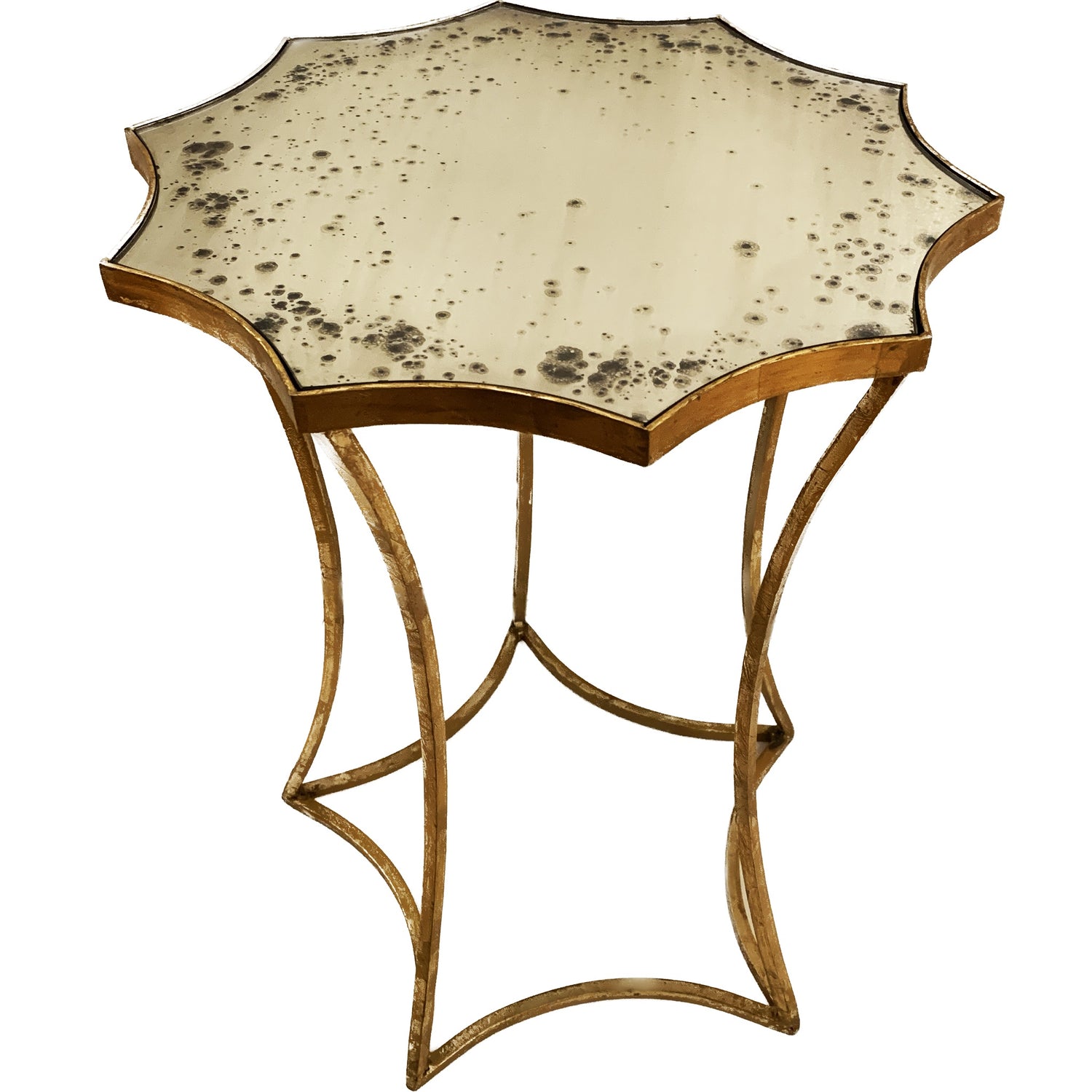 Antiqued Star-Shaped, Mirrored-Top Gilt Iron Side Table