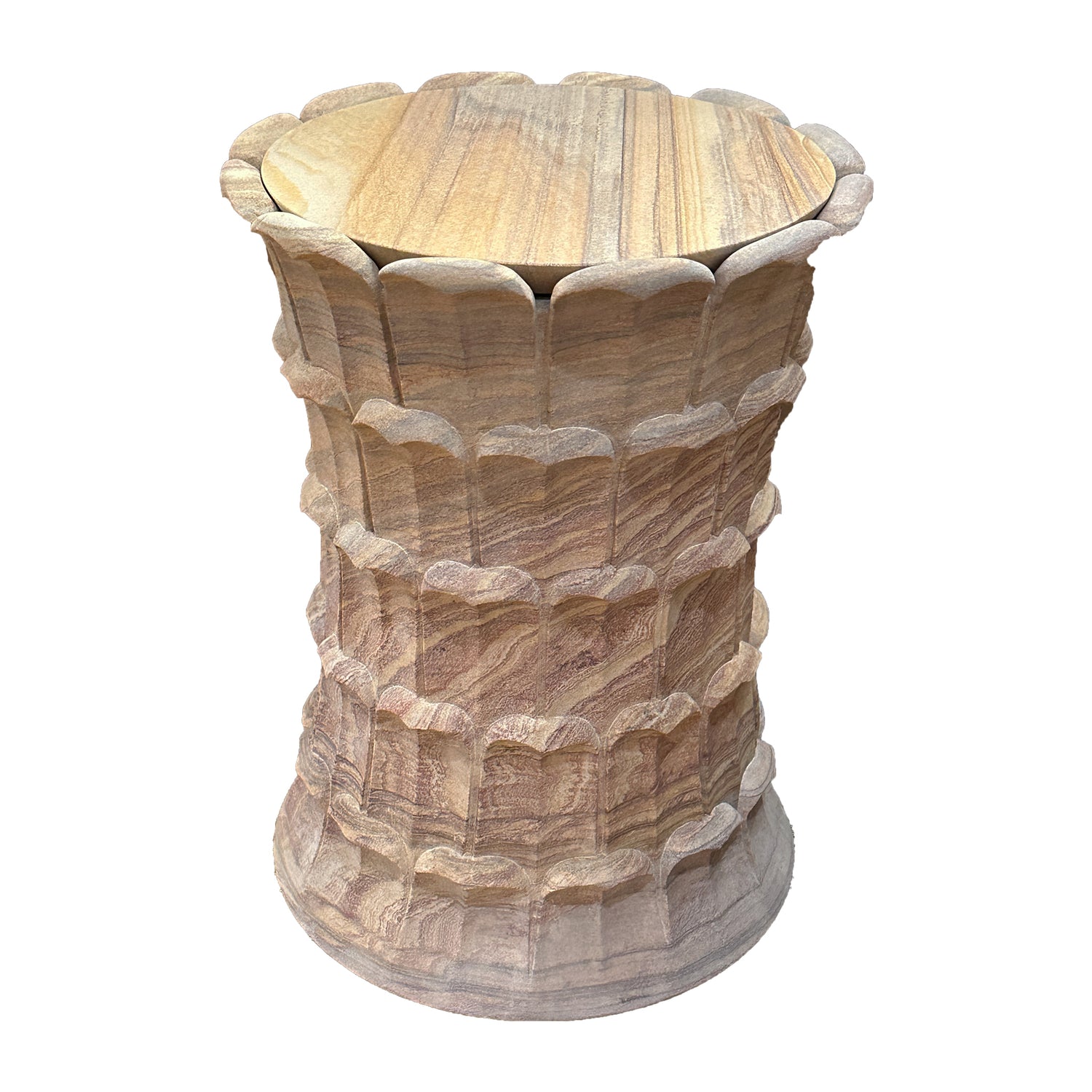 Date Palm Table, Rainbow Teakwood, Sandstone, Round Top