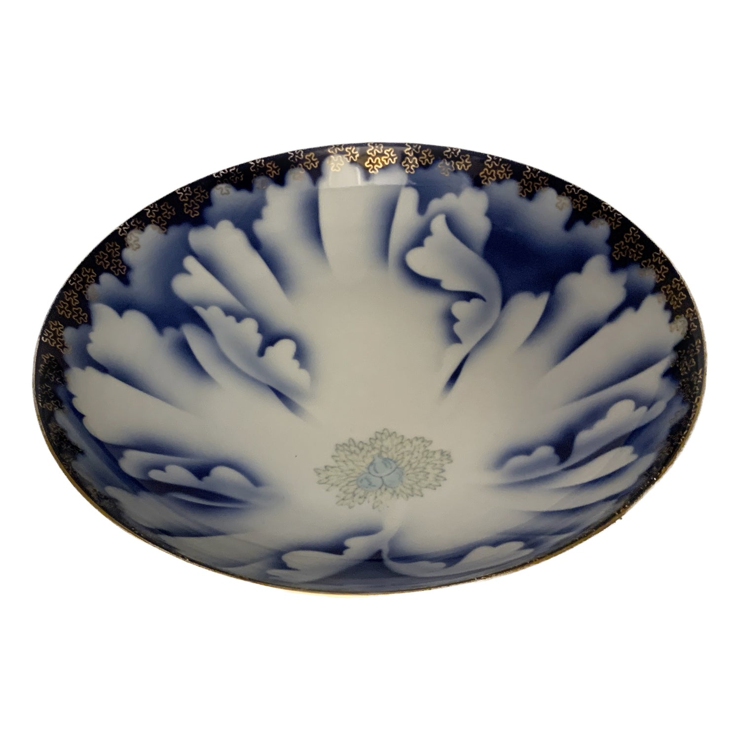 Blue & White Bowl with Flower, Gold Trim, Japan