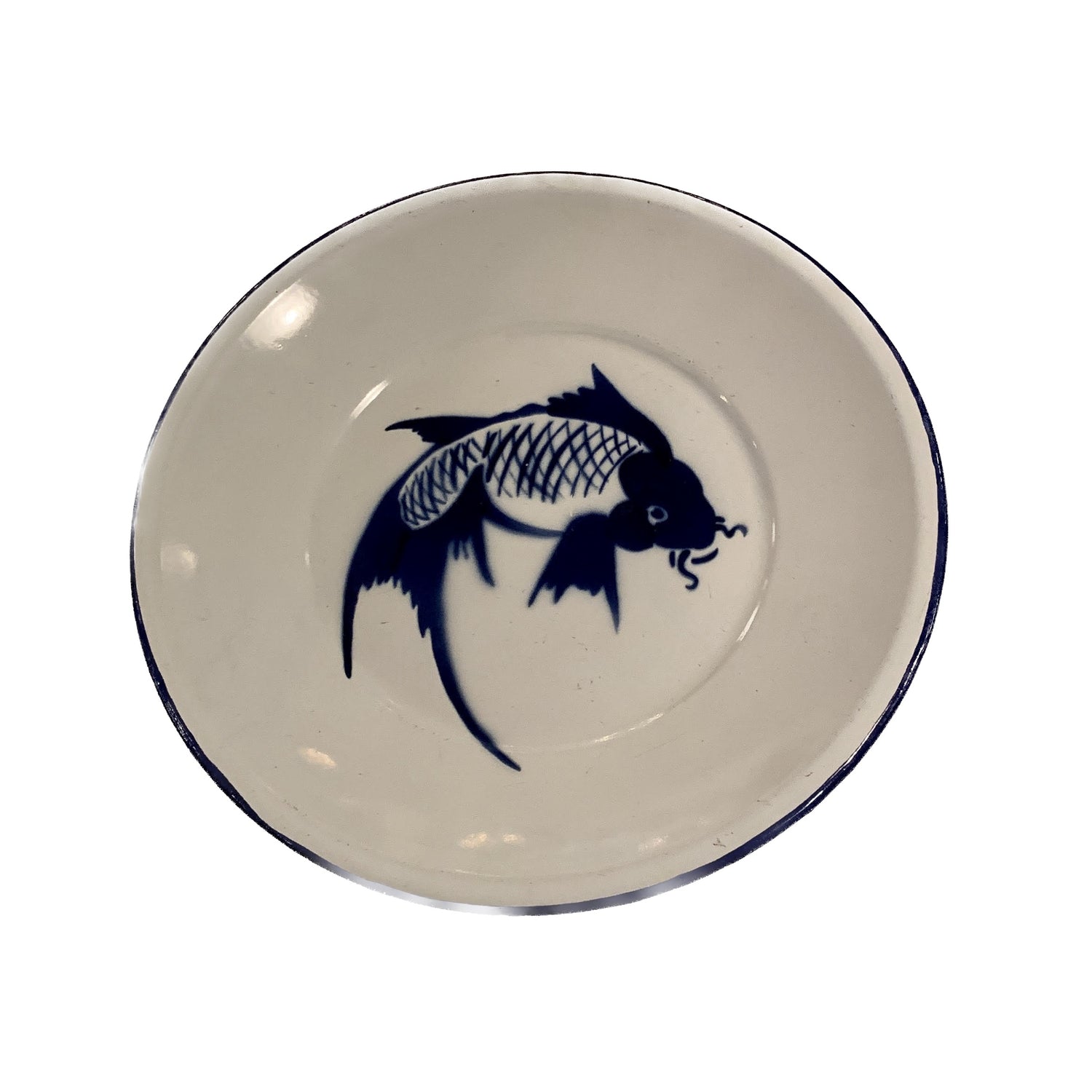 Enameled Tin Plate with Blue Fish Motif, 9.5"dia