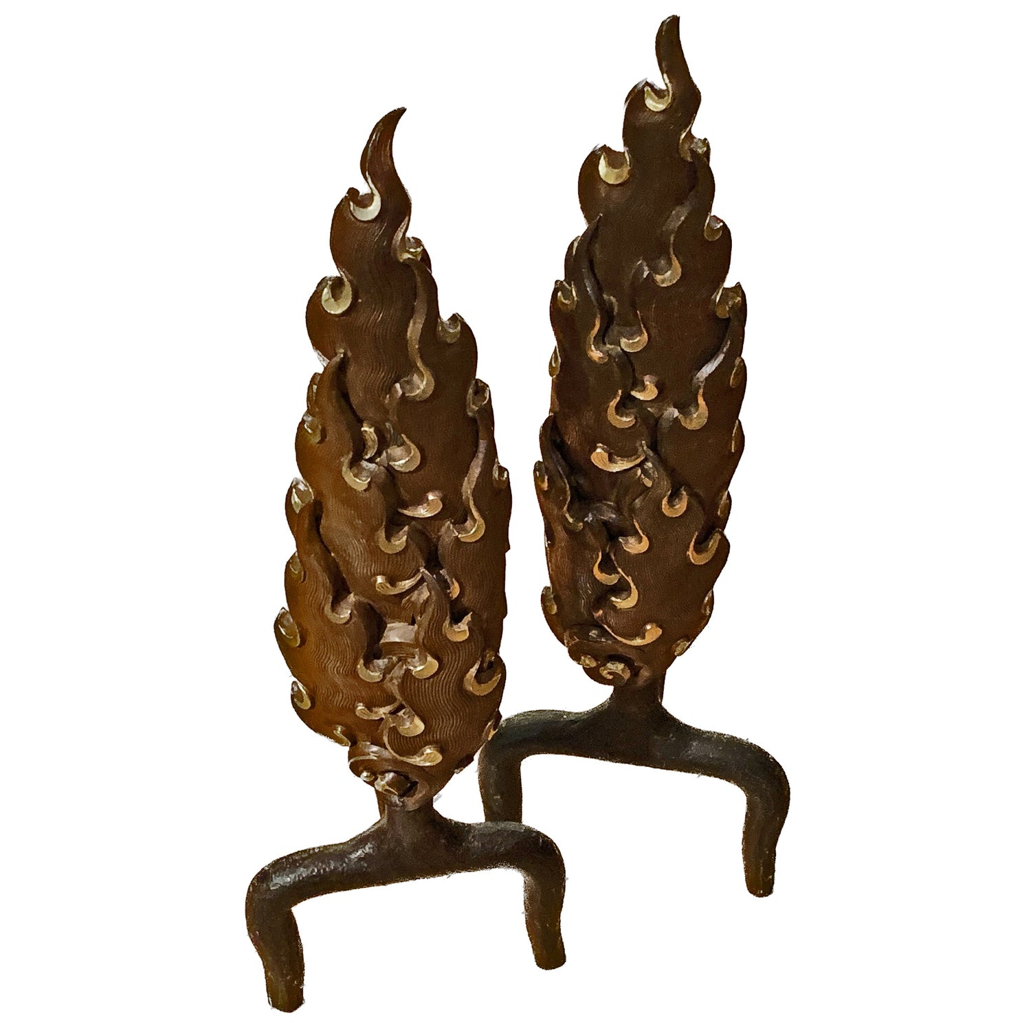 Flame Andirons, Copper-Gold on Iron, pair