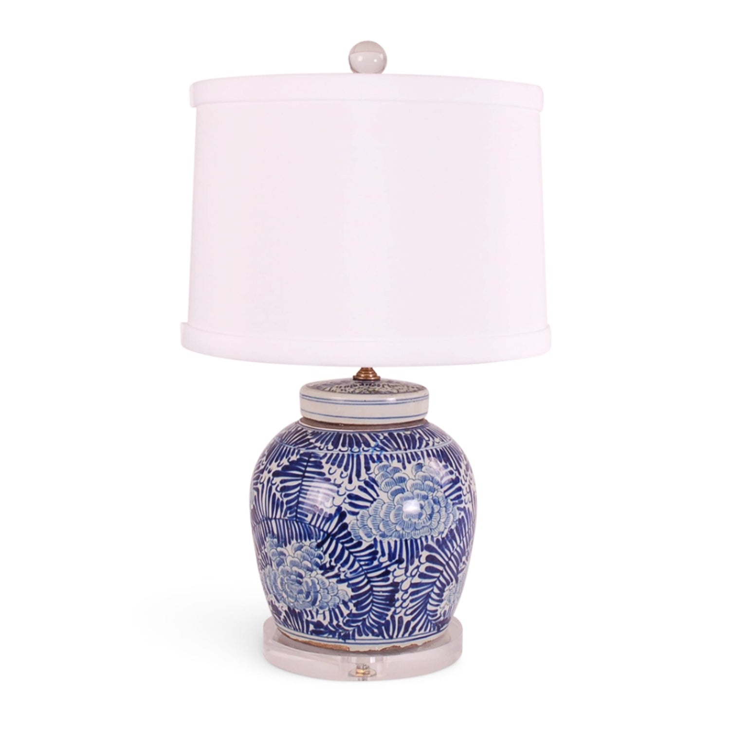 Blue & White Jar Lamp with Palm Leaf Motif, 21"h