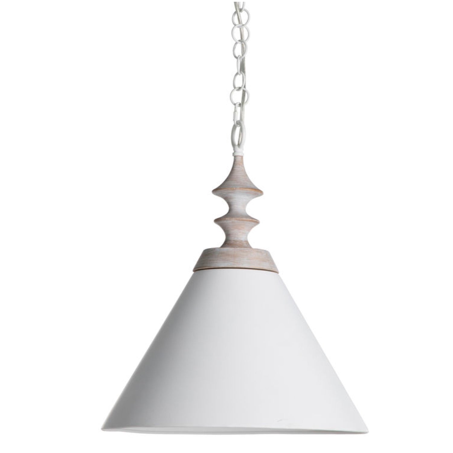 Matte White Metal Pendant w Whitewashed Wood Finial