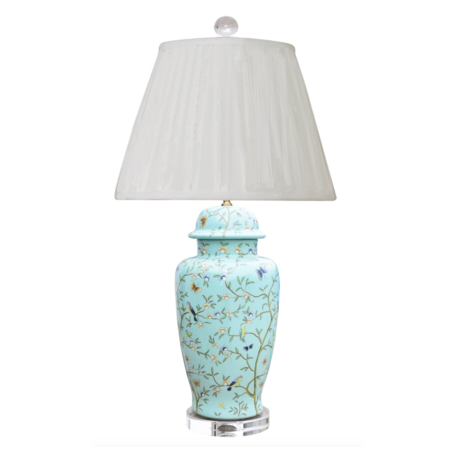Blue Porcelain Temple Jar Lamp with Vines, Birds, Butterflies