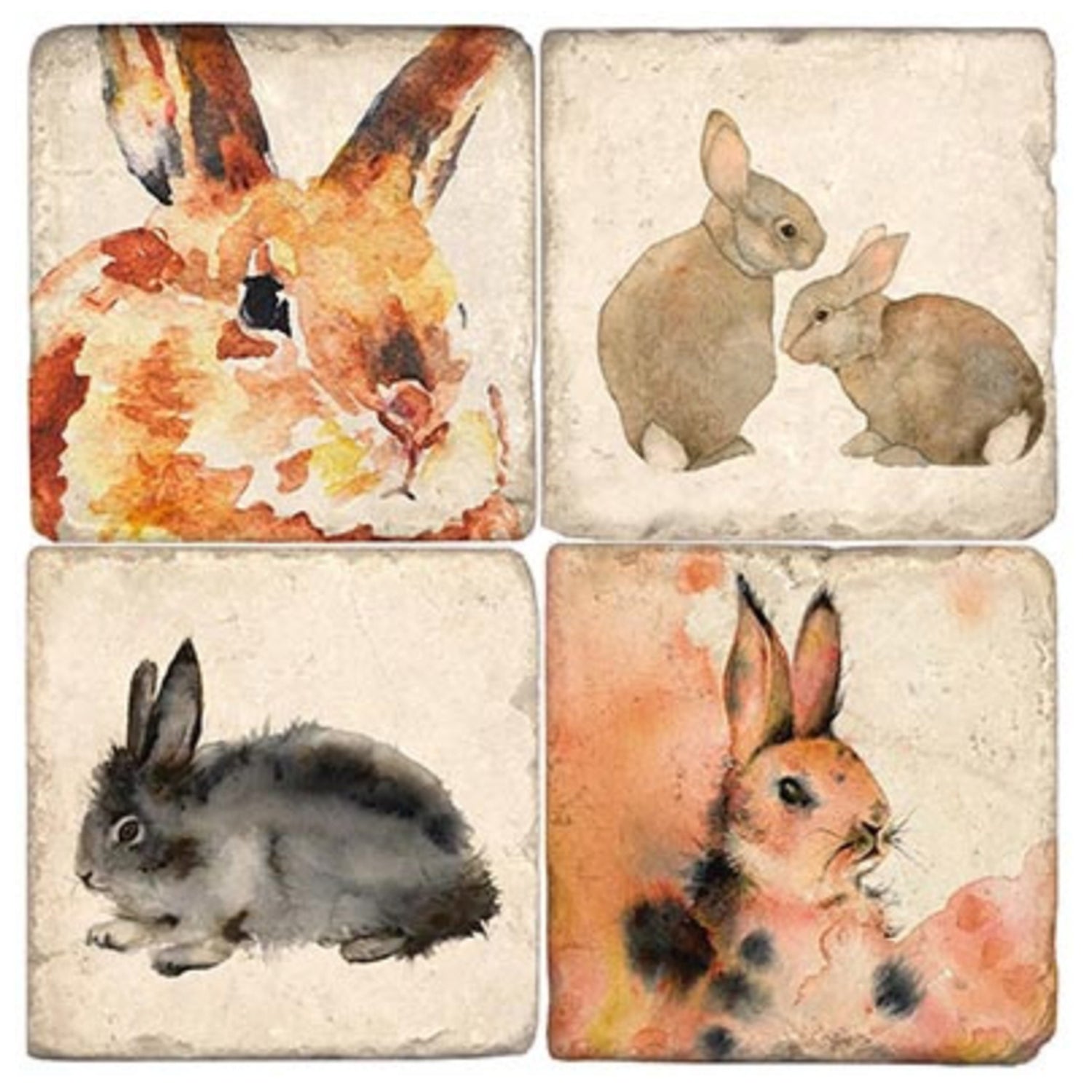 Stone Tile Coaster: Watercolor Rabbits