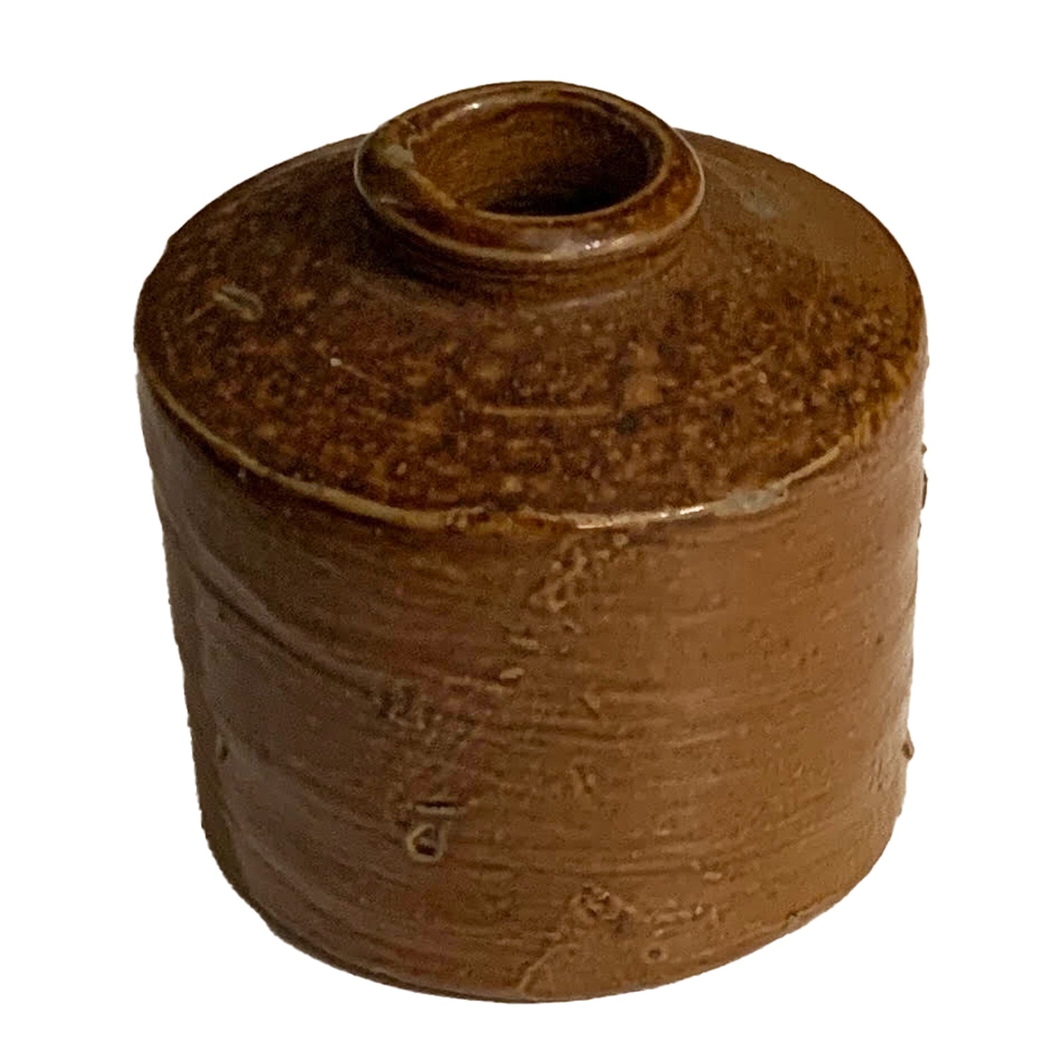 Antique Brown Glazed Pottery Inkpot, 2"h