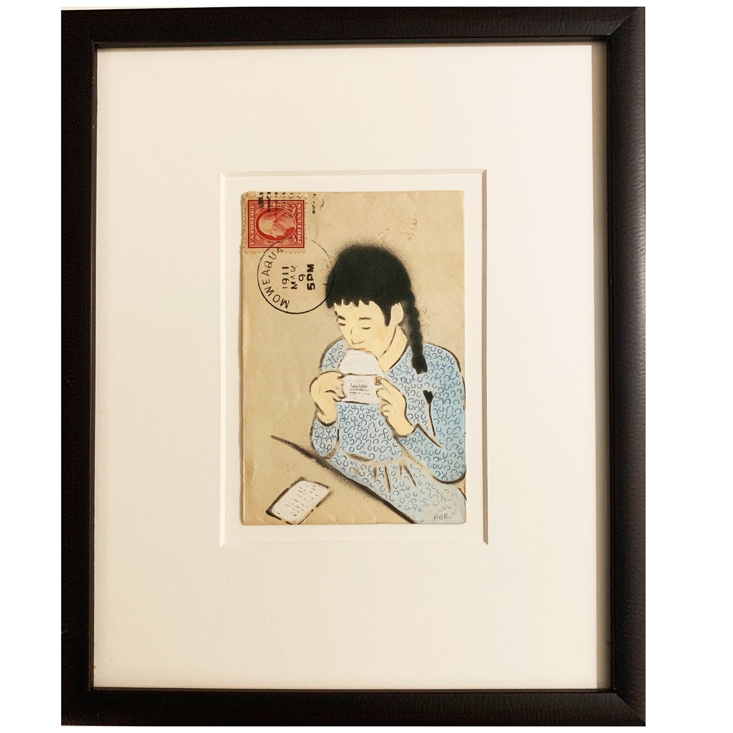 SWAK, Enamel, Gouache and Ink on Antique Envelope, Amy Rice, Framed