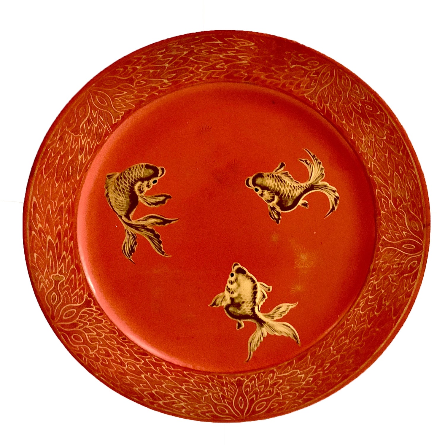 Chinese Red-Lacquered Plate with Gold Motif Edge and Koi