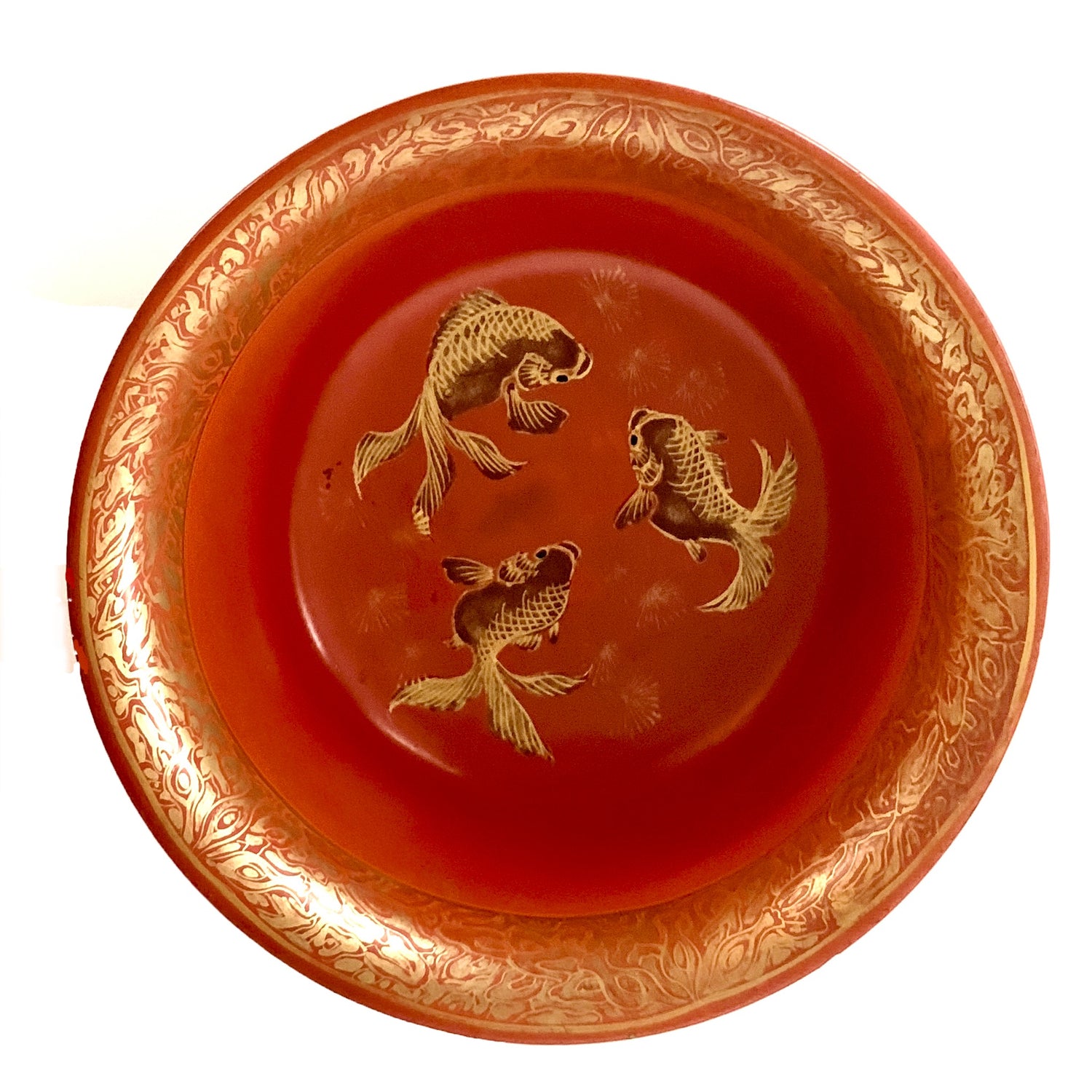 Chinese Red-Lacquered Bowl with Gold Motif Edge and Koi