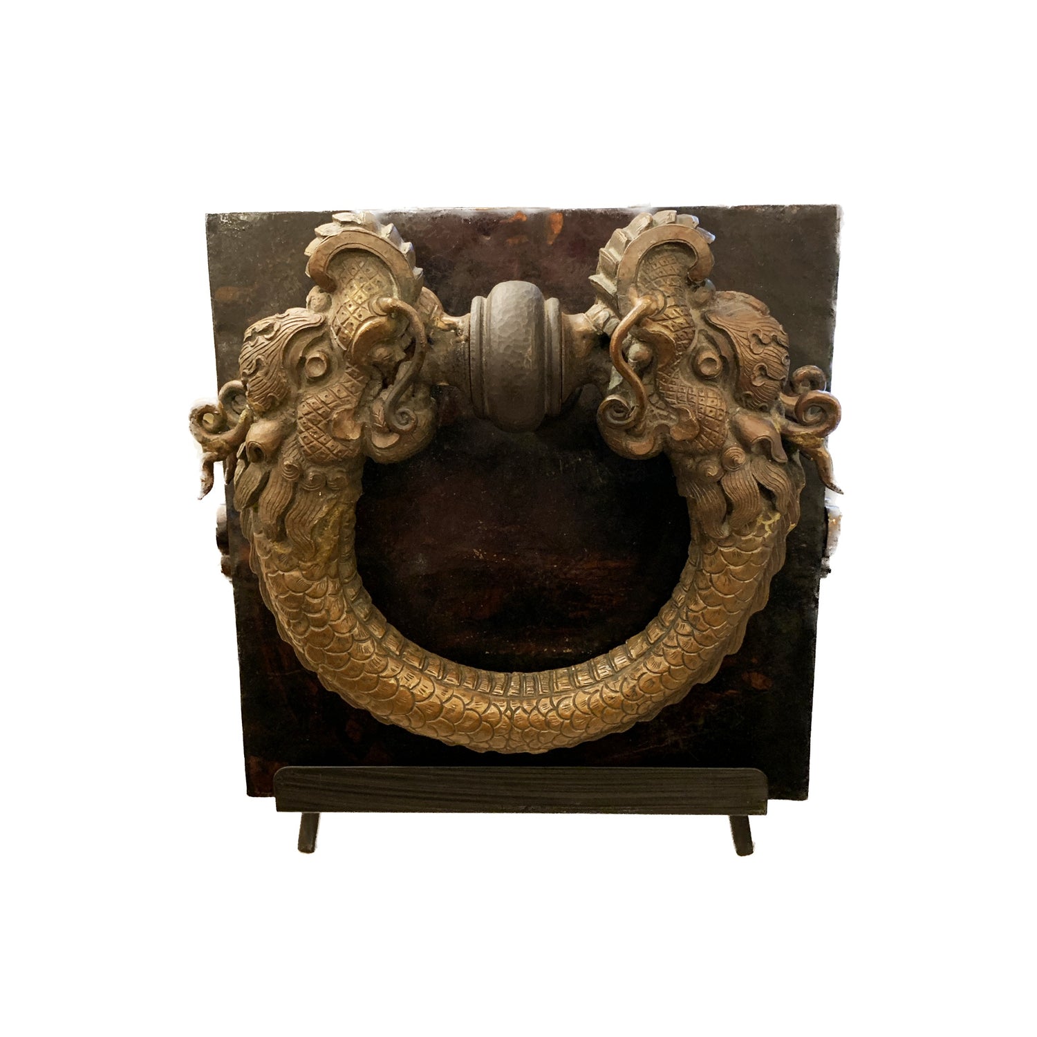 Antique Bronze Dragon Door Knocker, Mounted on Metal Box