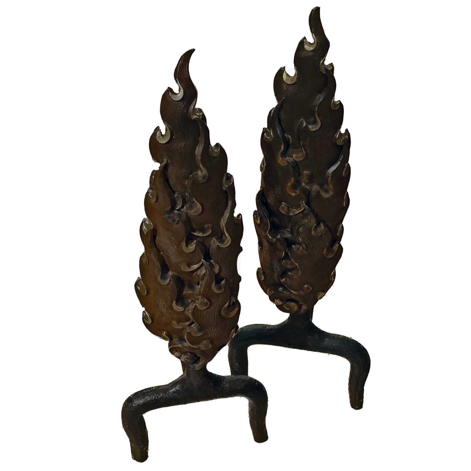 Flame Andirons, Dark Copper on Iron, pair