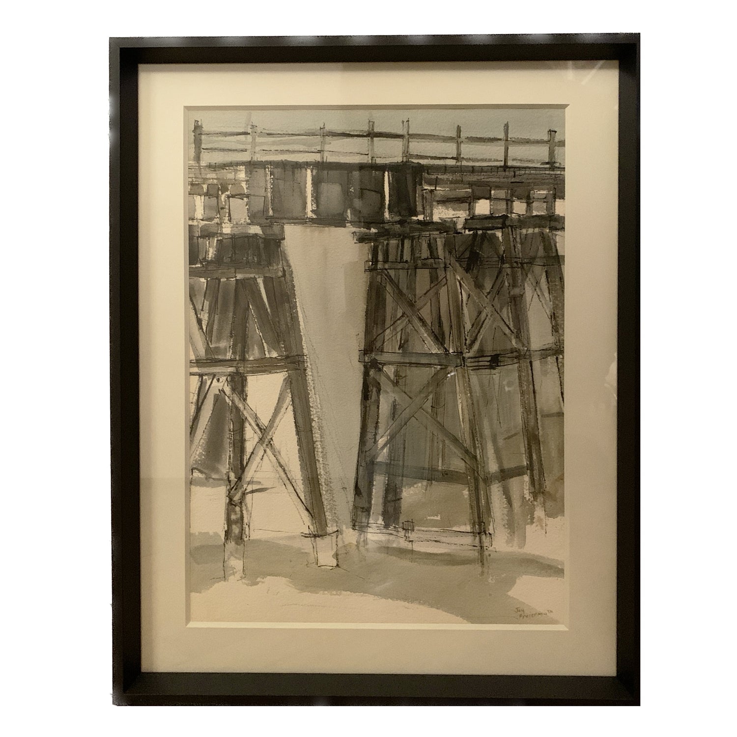 Vintage Pier Watercolor, signed, Jay Freiermuth, framed