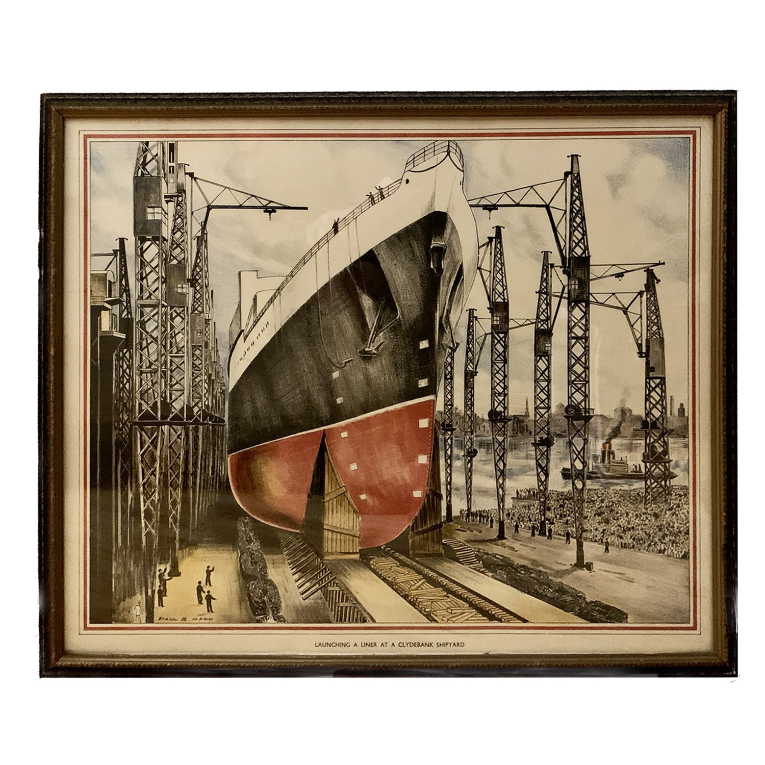 Launching A Liner at a Clydebank Shipyard (UK), Framed School Poster from 1940's