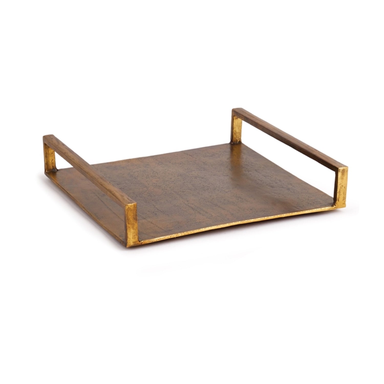 Brass-finished Square Tray with Handles, 15.75"sq.